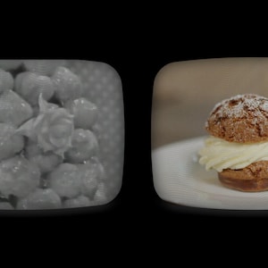 Un écran de télévision scindé en deux. À gauche: une image en noir et blanc tirée des archives de Radio-Canada, qui présente un croquembouche (montagne de choux à la crème). À droite: un chou à la crème tel que cuisiné par Rémy Couture.