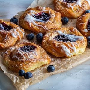 Des danoises au bleuets sur un comptoir.