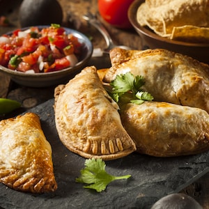 Des empanadas sur une tuile en ardoise.