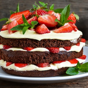 Un gâteau à étages contenant de la crème fouettée, des morceaux de fraises et des disques de gâteau au chocolat.