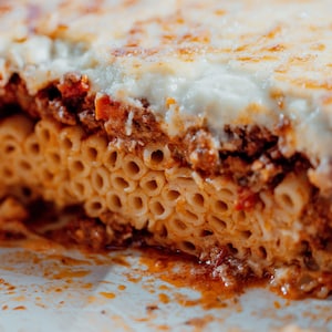 Zoom sur un morceau de lasagne grecque.