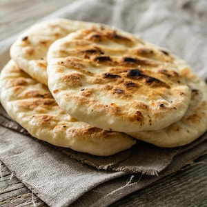 Quatre pains pitas sortant du four.
