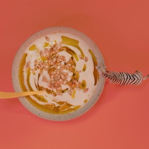 Un bol de soupe avec graines de courges et huile d'olive et une figurine de zèbre sur fond rouge.