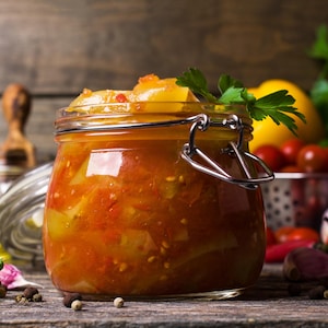 Un pot rempli de relish aux poivrons.