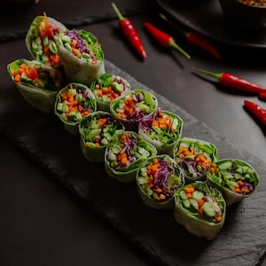 Plusieurs rouleaux de printemps sur une assiette de service noire.