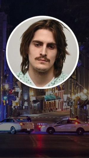 Montage d'un déploiement policier et de la photo d'identification d'un accusé. 