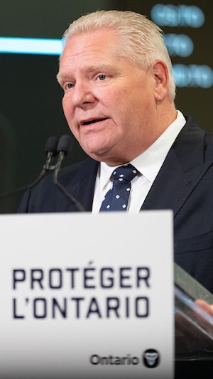Doug Ford en point de presse à Toronto, le 17 avril 2025.