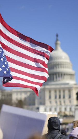 Un homme agite un drapeau des États-Unis à l'envers lors d'une manifestation contre le projet 2025 et l'administration Trump près du Capitole à Washington.