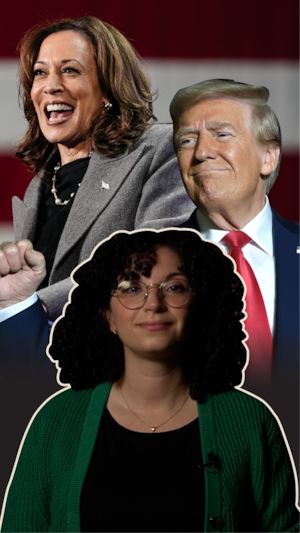 On voit un montage photos où la journaliste Nahila Bendali est en mode explications, derrière elle : Kamala Harris et Donald Trump.