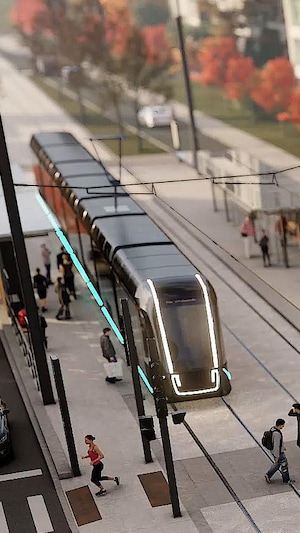 Une esquisse montre le tramway circuler sur le boulevard René-Lévesque près de l'avenue Painchaud et de l'avenue Maguire l'automne.
