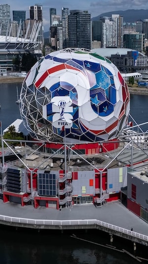 Science World in Vancouver is wrapped as a soccer ball on Sunday, ahead of the FIFA World Cup 2026, which will be hosted by 16 cities across North America starting June 11.