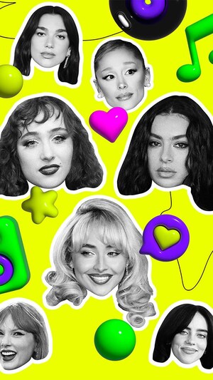 Une illustration montrant les visages de plusieurs artistes pop, dont Sabrina Carpenter, Chappell Roan et Charli xcx.