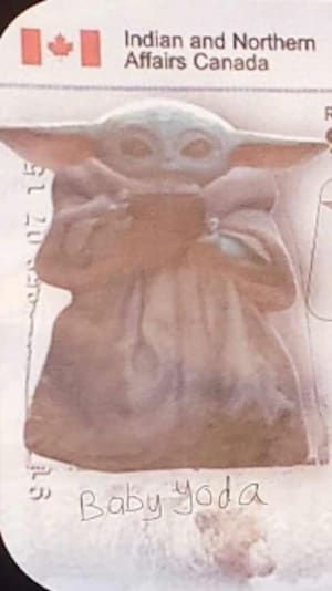 Une fausse carte de statut Indien pour le personnage de Grogu, de l'univers de Star Wars.