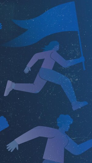 Illustration d'une foule de personnes courant vers la droite, teinte de bleu.