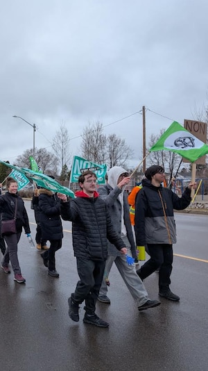 Des étudiants du Cégep de Jonquière manifestent dans la rue.