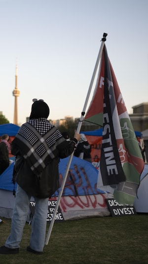 Une manifestant avec un drapeau palestinien.