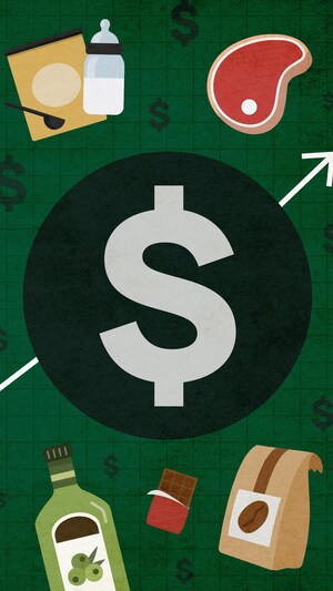 Montage d'illustrations illustrant l'huile d'olive, le cacao, de la pr&eacute;paration pour nourrisson, du boeuf et du caf&eacute;. Au centre, un signe de dollars.