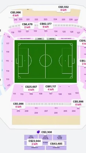Capture d’écran des prix de revente des billets pour un match de soccer.