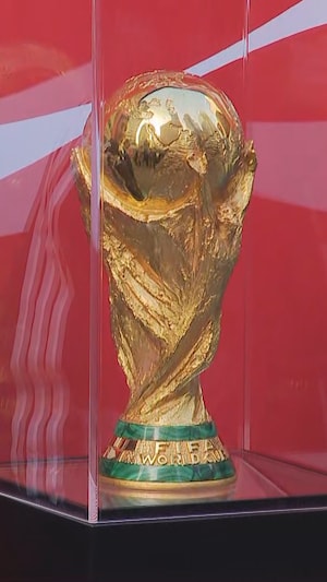 Le trophé de la FIFA dans une boîte en verre.