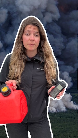 Photo montage d'une photo de Chloé Dioré de Périgny détourée en blanc et d'un feu de forêt.