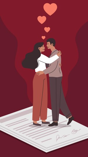 Illustration vectorielle d'un couple, amoureux, debout sur un contrat.
