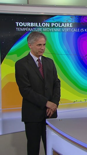 Pascal Yiacouvakis devant un écran avec une carte météorologique représentant un vortex polaire multicolore. 