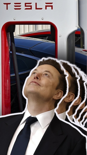 Montage d'Elon Musk devant une Tesla.