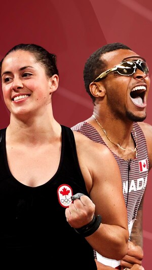 Maude Charron serre les poings en souriant et Andre De Grasse crie de joie.