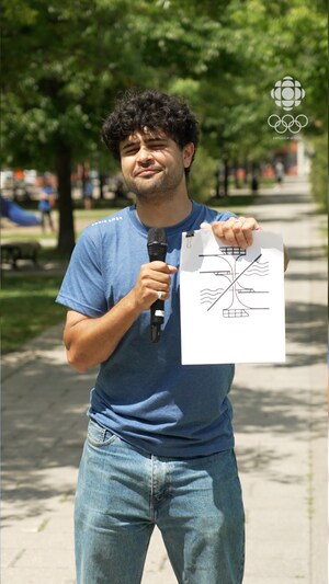 Haroun Aramis montre un pictogramme des Jeux olympiques.