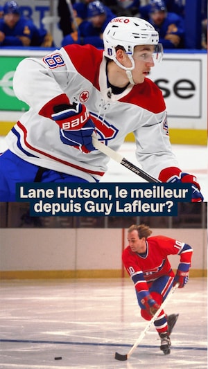 Lane Hutson et Guy Lafleur sur la patinoire.