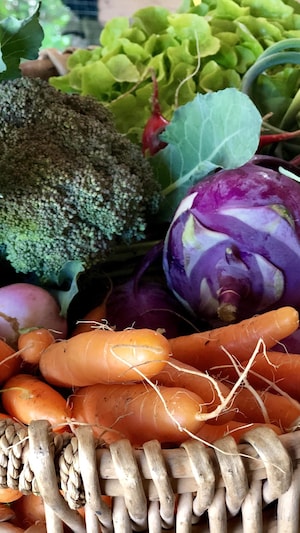 Un panier rempli de légumes.