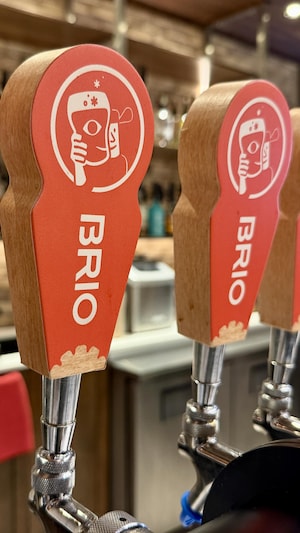 Une série de poignées de pompe à bière est alignée dans des teintes d'orange et de bois.