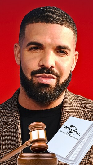 Montage photo avec Drake et des objets comme un maillet et un livre.