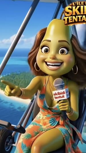 Un personnage mi-poire, mi-femme avec un micro à main semble survoler une île aux eaux turquoise. 