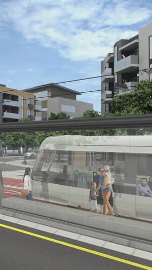 Une illustration d'un tramway passant sur une voie partagée par les piétons, les voitures et les cyclistes.