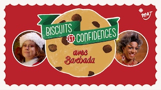 Une illustration d’un biscuit à côté des visages de Mégan Brouillard déguisée en père Noël et de la drag queen Barbada de Barbades. À côté du logo MAJ apparaît le titre « Biscuits et confidences avec Barbada ». 