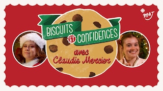 Une illustration d’un biscuit à côté des visages de Mégan Brouillard déguisée en père Noël et de l’influenceuse Claudie Mercier. À côté du logo MAJ apparaît le titre « Biscuits et confidences avec Claudie Mercier ». 