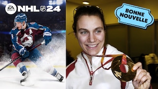 Image de couverture du jeu NHL 24, sur laquelle se trouve Cale Makar, de l'Avalanche du Colorado. Image de Cheryl Pounder montrant sa médaille olympique de 2006.