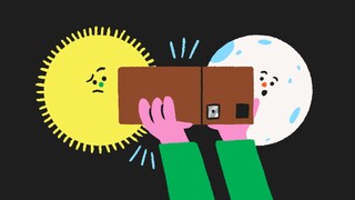 Une illustration d'une paire de mains qui tient une boîte à éclipse, devant un Soleil avec un regard incertain et la Lune avec un visage surpris.