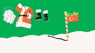 Une illustration du Pôle Nord avec le drapeau de la Turquie entourée de neige, un costume du père Noël et les mots Sinter Klaas et Santa Claus.