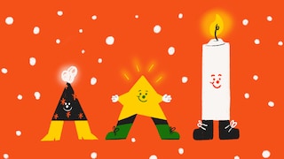 Une illustration d'un sapin, d'une étoile et d'une chandelle qui sourient dans la neige.