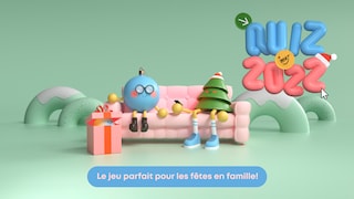 Une illustration d'une boule, un cadeau et un sapin près d'un divan avec le texte « Quiz 2022 : Un jeu parfait pour les fêtes en famille! »