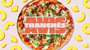 Logo de l'émission avec une pizza hawaïenne, du céleri et de la poutine avec du ketchup. 