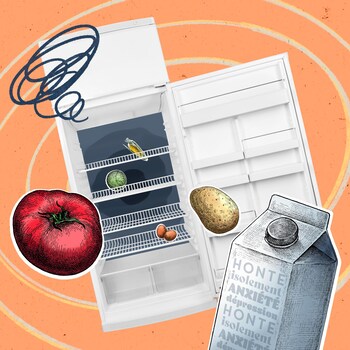 Une illustration d'un frigo ouvert qui contient quelques aliments. 