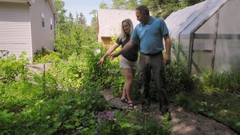 Une femme et un homme se promenant dans un jardin.