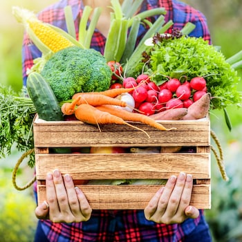 Une femme qui tient une caisse de légumes en bois, qui contient des carottes, du concombre, des radis, du brocoli, du maïs, des oignons verts et de la laitue.
