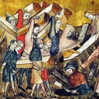 Une illustration représentant une enterrement de victimes de la peste en Belgique.
