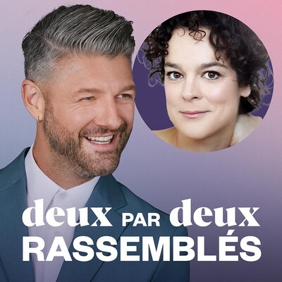 un homme et une femme avec le nom de l'émission deux par deux rassemblés.