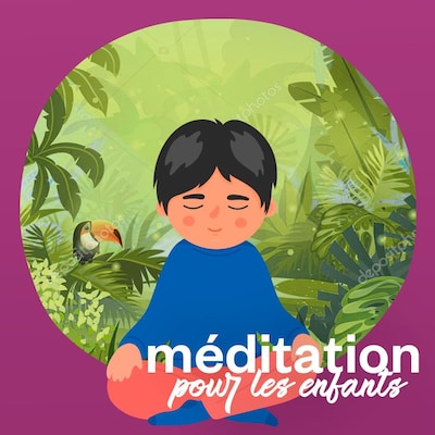 Illustration d'un enfant en train de méditer avec des plantes et de l'eau derrière lui.