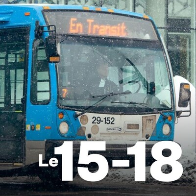 Un autobus de la STM en hiver et le logo de l'émission Le 15-18.